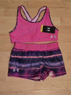 Under Armour Hot Pink Racerback Sports Bra with Striped Purple Shorts